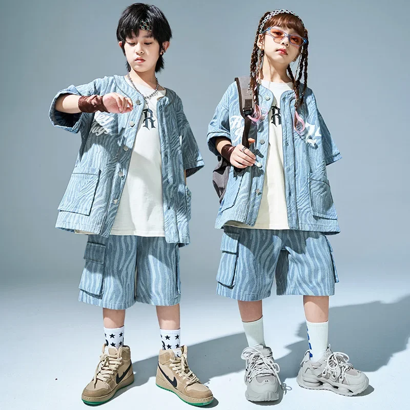 Summer Hip Hop Kids Street Dance Clothes Girls Striped Shirt Shorts Boys Modern Dance Clothes Teen Kpop Walk Show Stage Costume