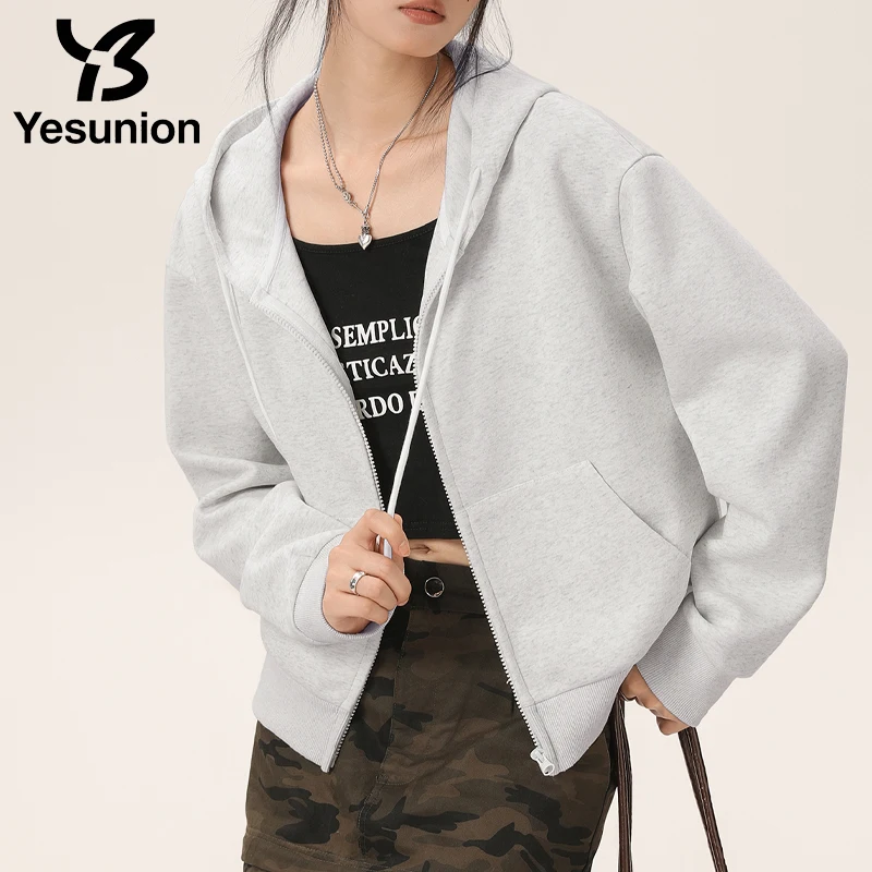 Yesunion عادية الثقيلة هود البلوز المرأة مقنعين زمم اقتصاص سترة Y2K قميص طويل الأكمام الإناث الخريف جواكت شتوية معطف
