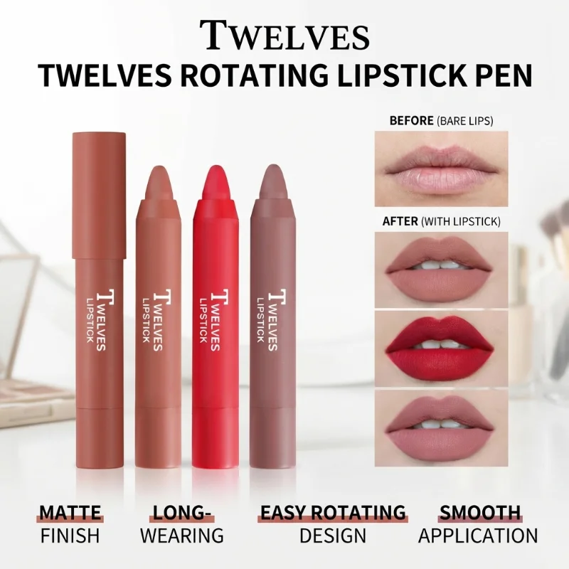 12 Colors Velvet Matte Lipsticks Pencil Waterproof Long Lasting  Red Lip Stick on-Stick Cup Makeup Lip Tint Pen Cosmetic