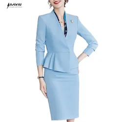 Navu azul ternos femininos nova moda outono temeprament decote em v negócios formal fino blazer e saia define senhora do escritório trabalho wear