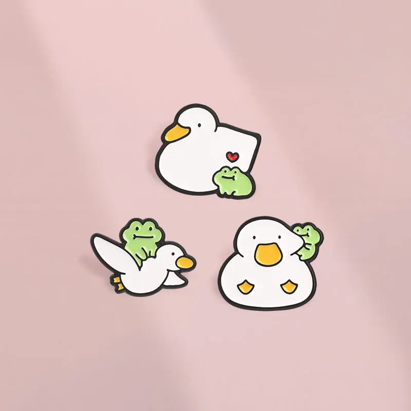 Cute Duck Frog Combo Brooch Cartoon Casual Commute Gift Metal Badge Pins DIY Clothing Bags Hat Scarf T-shirt Jeans Accessory