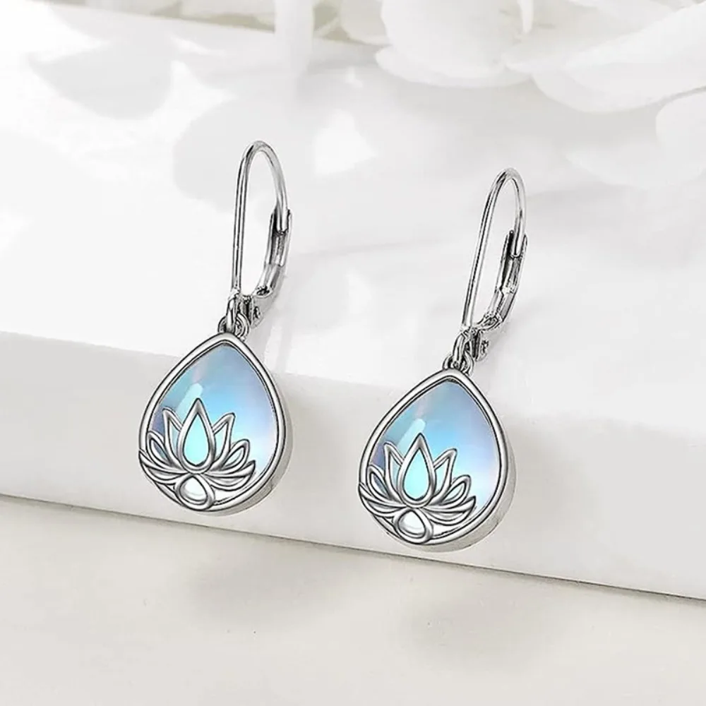 Lotus Floral Moonstone Teardrop Leverback Earrings Silver Color Hollow Carved Water Drop Dangle Earrings for Women Zen Jewelry