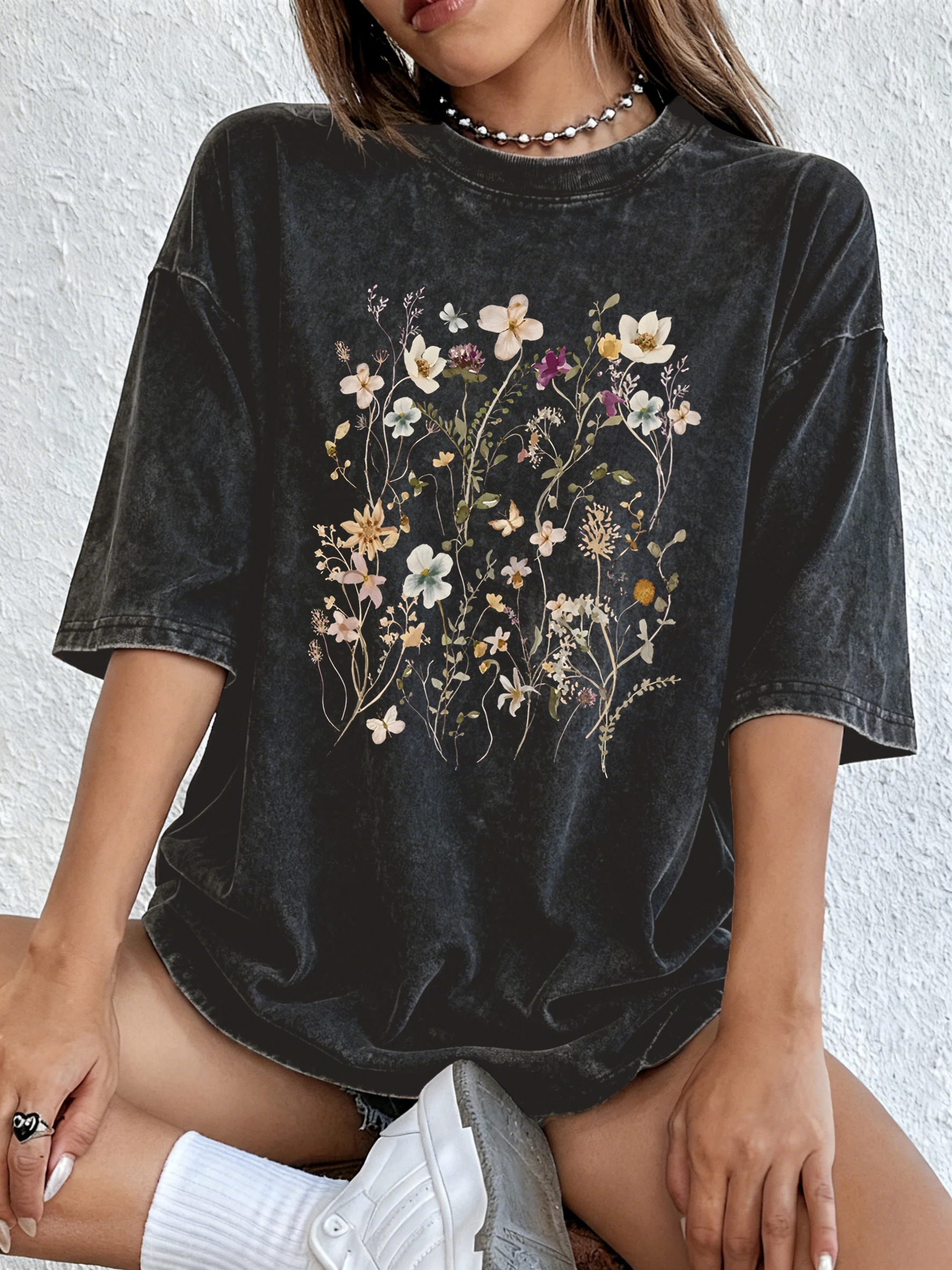 Schönes T-Shirt mit Blumencluster-Print für Damen, locker geschnitten, O-Ausschnitt, lässige Baumwollkleidung, Jogging, Y2K, kurze Ärmel