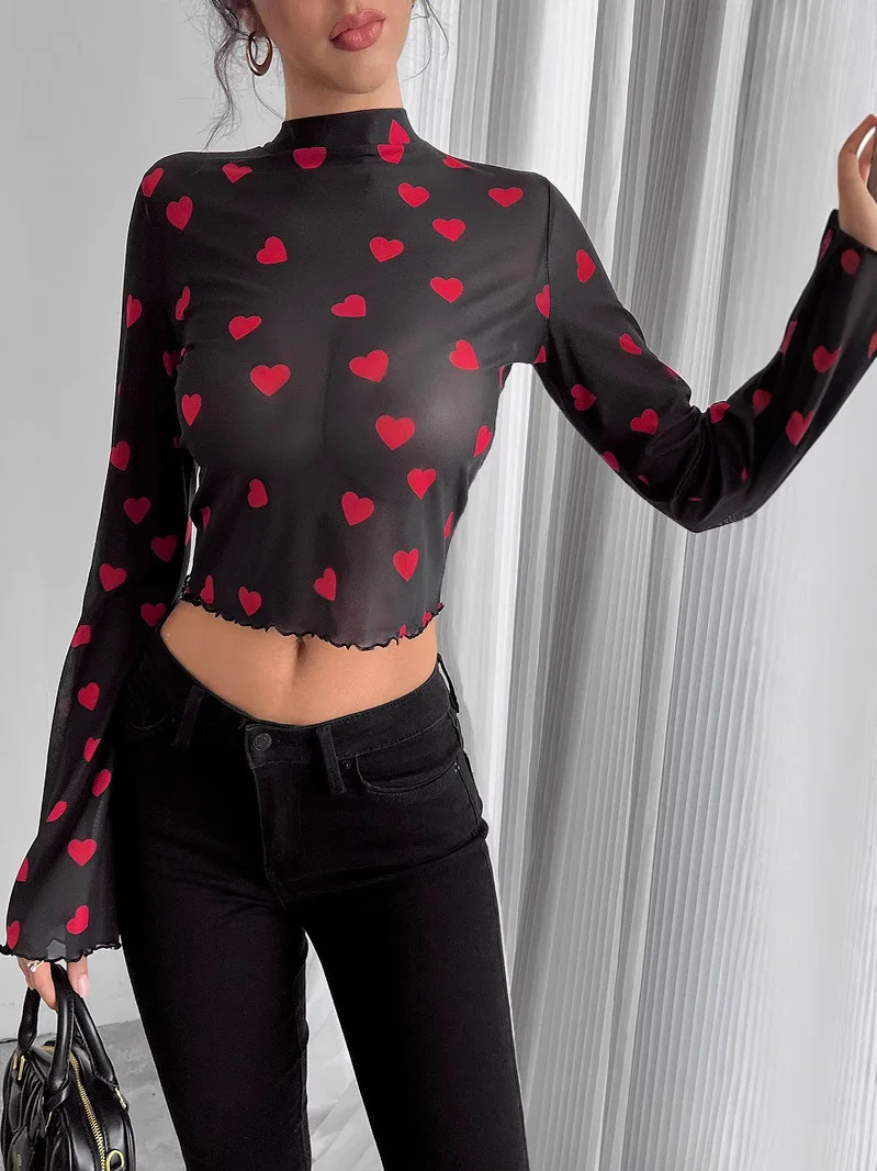 

Sexy Long Sve Me Print Top Street Sle Slim Fit Polyester Fabric Bouffant Sve Neline ort Length Casual Wear
