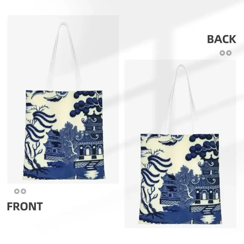 Reusable Antique Willow Ware Oriental Toile Shopping Bag Canvas Shoulder Tote Bag Blue Delft Chinoiserie Pagoda Shopper Bags