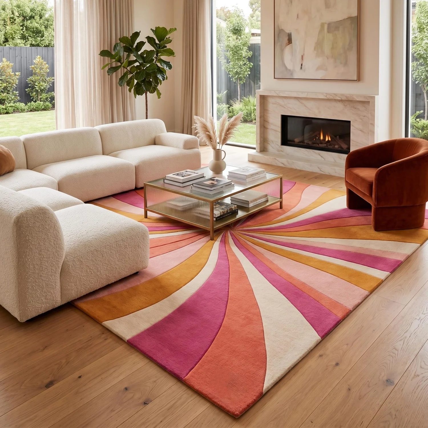Printed Rug Abstract - พรมตกแต่งห้อง, พรมปูพื้นลายพัดลมสีชมพูส้ม, พรมปูพื้นลายเรขาคณิตวินเทจ, พรมนุ่มสำหรับห้องนอน, พรมสำหรับห้องนั่งเล่น, ของตกแต่งบ้าน,