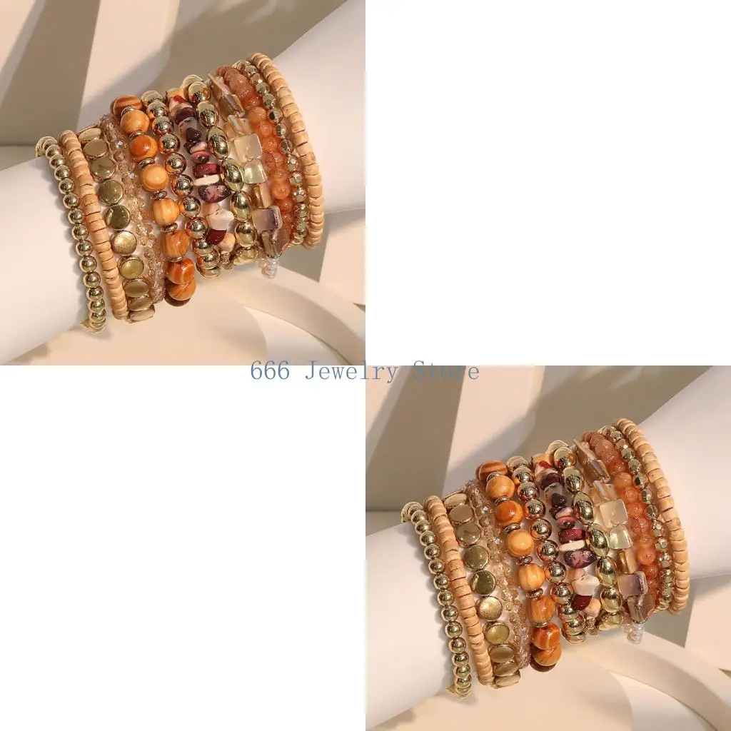 F2TD Women's Bohemian Stackable Bracelets Pack 12/18 Elastic Beaded Bracelets Including Brown and Gold Detail for Daily Wear