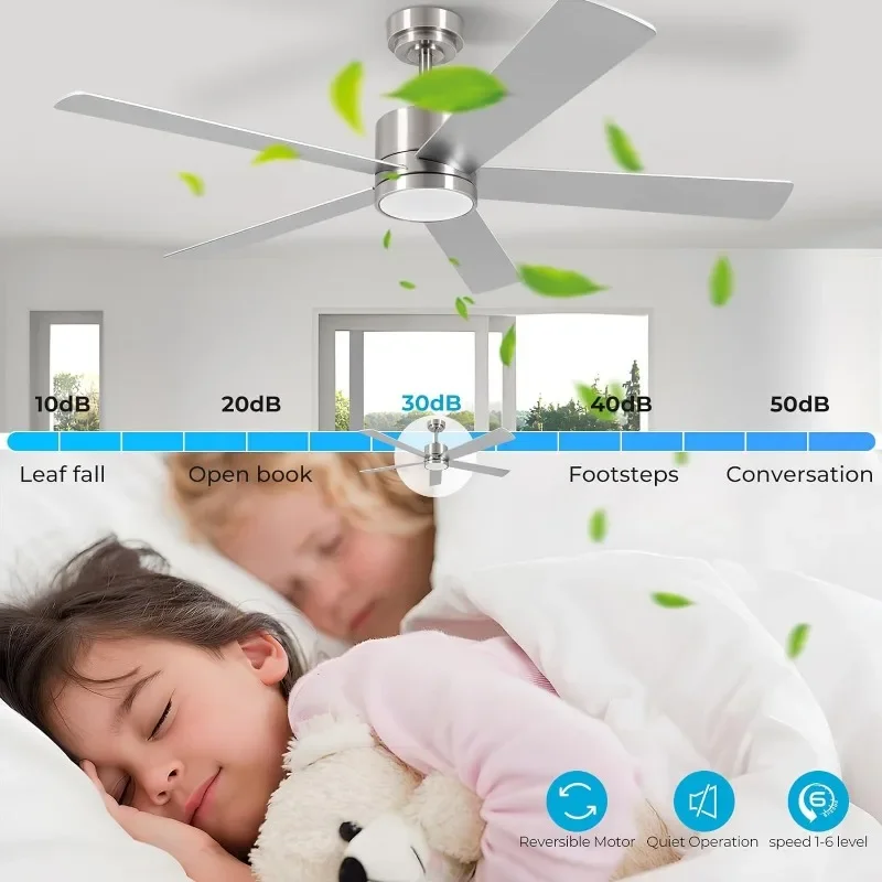 Plafonnier avec Télécommande et Moteur DC Réversible, Ventilateur de Plafond avec Lumière pour Chambre à Coucher, 5phérique, 3CCT, Dimmable, 52"