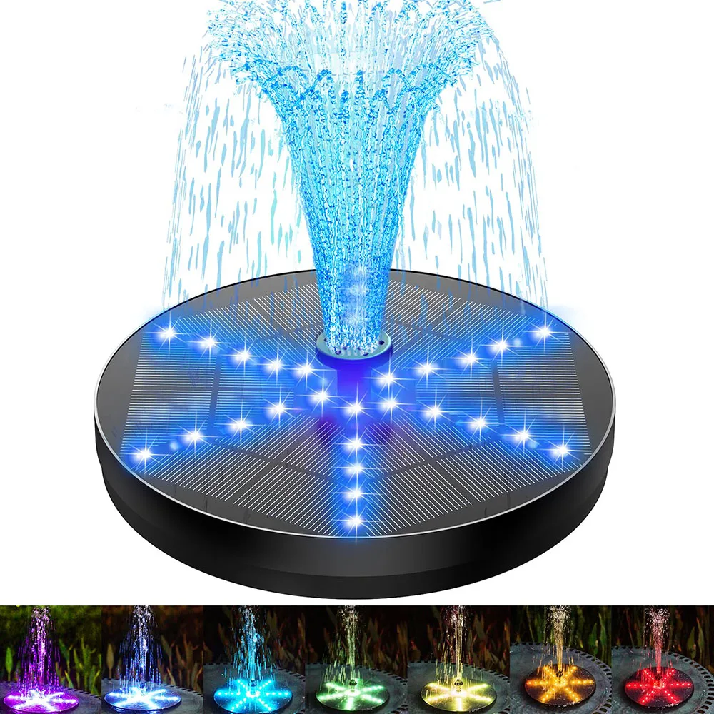 

Solar Fountain 4W Bird Bath Fountains 36 LED Lights, Solar Powered Fountain Pump Built-in 4000 Battery with 6 Nozzle for Garden