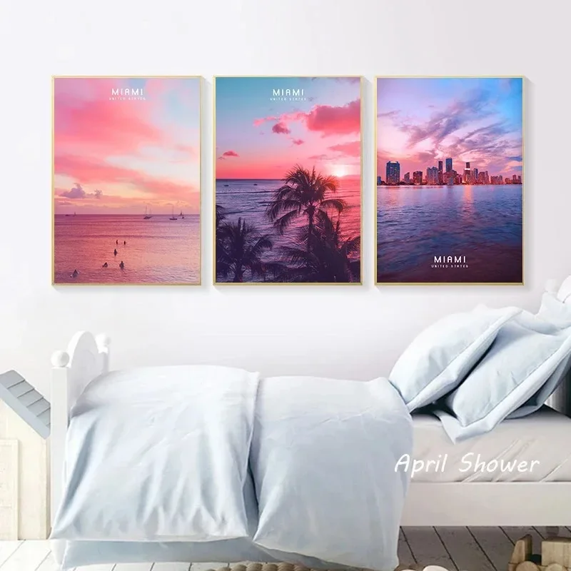 Nordic Beautiful Travel City Miami Dreamy Sky Sunset Posters Prints Wall Art Picture for Living Room Home Decor Canvas Painting