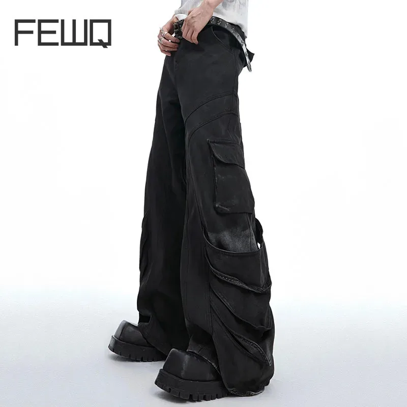 FEWQ Niche Distressed Washed Large Pocket Pleated Jeans Loose Wide Leg Workwear Pants Men Darkwear Male Trousers 24E1294