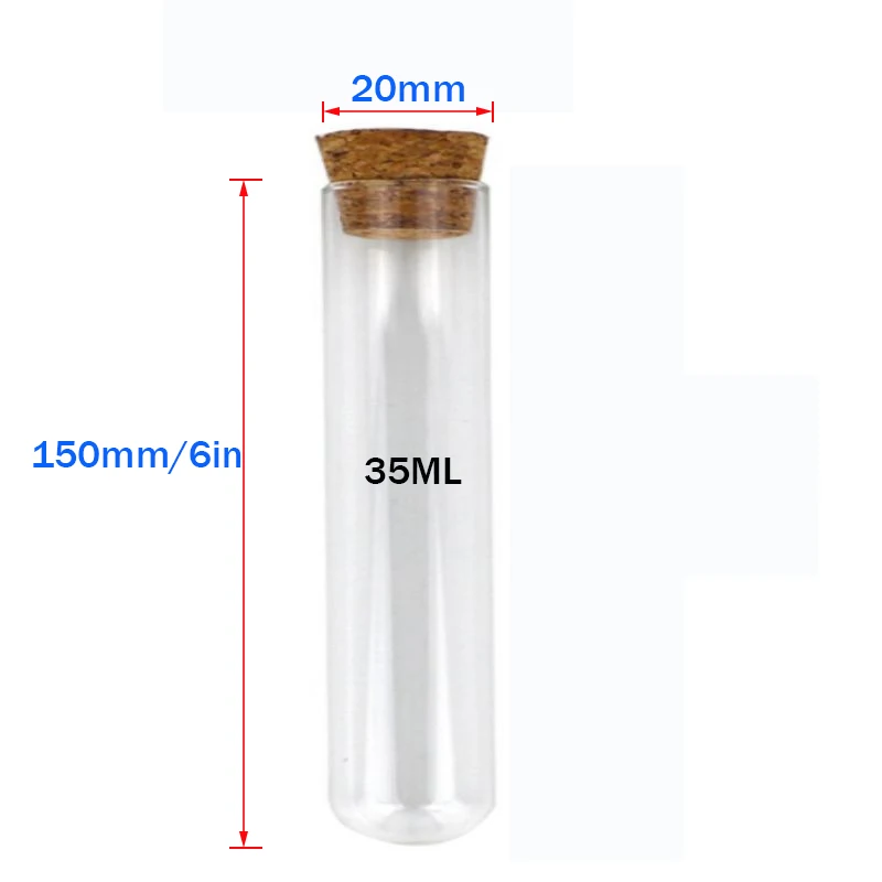 20*150mm Transparent Laboratory Transparent Plastic Test Tube with Cork Cap School Supplies Wedding Gift Tube 35ML Capacity