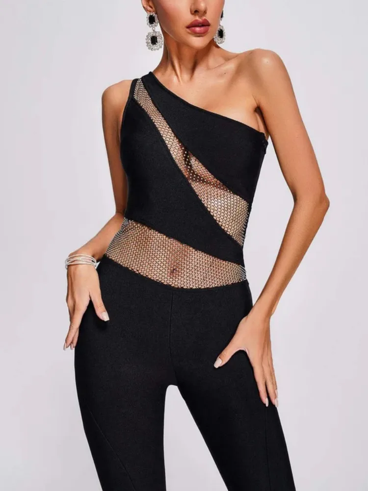 2023 Women Summer Style Sexy One Shoulder Hollow Out Wide Leg Pants Black Bandage Jumpsuit Designer High Street Rompers