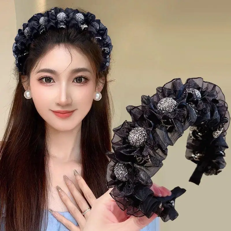 Korea Strass-Haarreif mit Schleife, temperamentvoll, süß, breitkrempiges Stirnband, modisch, vielseitig, Haar-Accessoires für Mädchen, Geschenk【AliS8】 – Detail 1