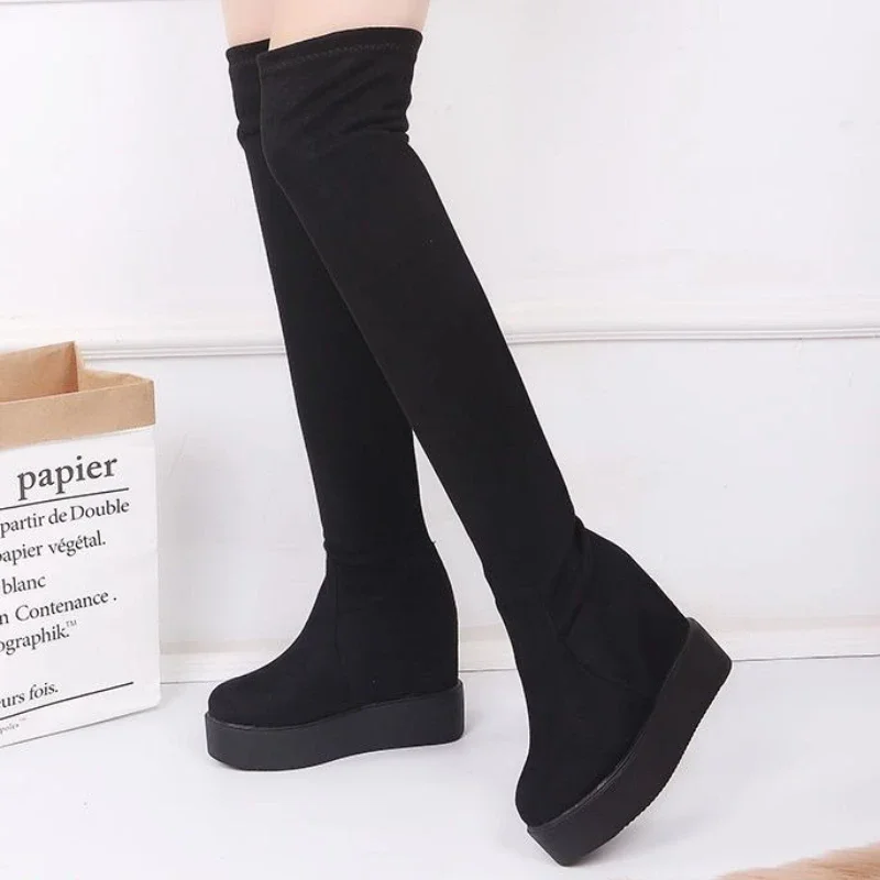 Women's Winter Korean Design Fleece Lined Slim Fit Over The Knee Boots Thick Wedge Heel Built in Lift Petite Friendly New In