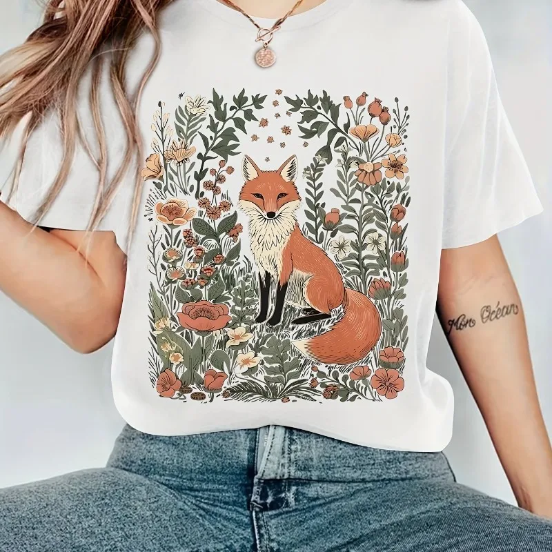 

Women'S Casual T-Shirt with Fox and Flower Print