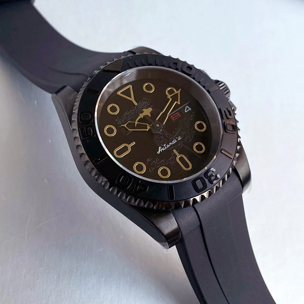Черные часы для дайвинга Tandorio с PVD-покрытием, 40 мм, сапфировое стекло, NH36, автоматический механизм, 200 м, водонепроницаемый резиновый ремешок с датой и неделей