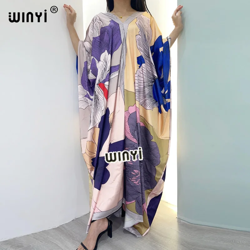 

Summer Middle East high-quality hand-rolled twill fashion print sexy WINYI Maxi women's robes long beach V-neck Bohemian dress