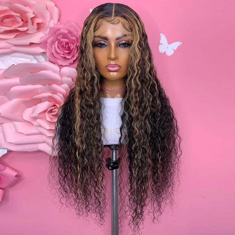 

Water Wave Highlight 4/27 Human Hair Wigs 13x4 Transparent Full Lace Front Wigs For Women Pre Plucked Curly Wigs 200% Density