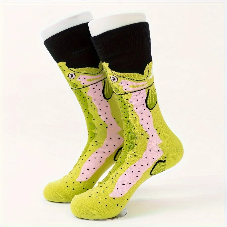 A pair of winter socks pure cotton light green fish cartoon animal men\'s mid-tube socks