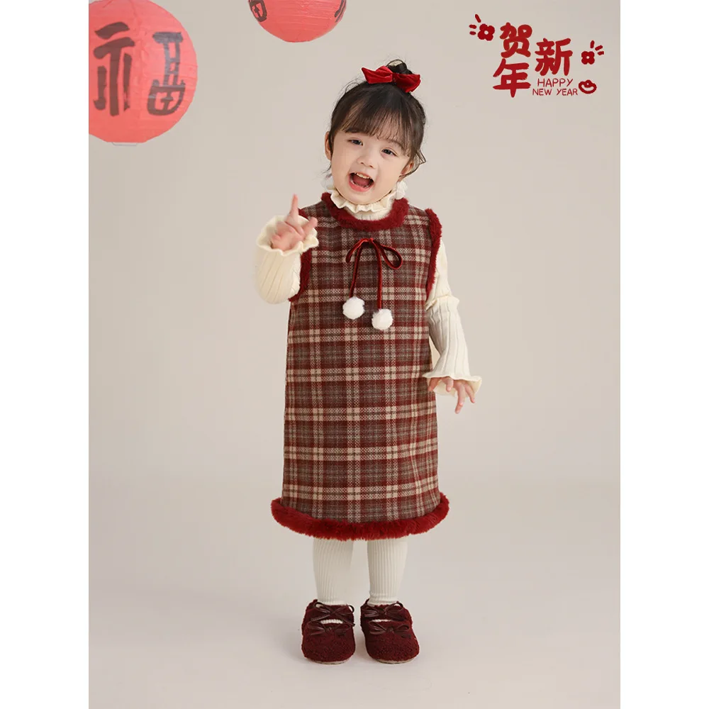 

Girls Red Christmas Sleeveless Dress Children 2024 New Autumn Winter Fashion Fleece Thick Plaid Dress Korean Simple Style
