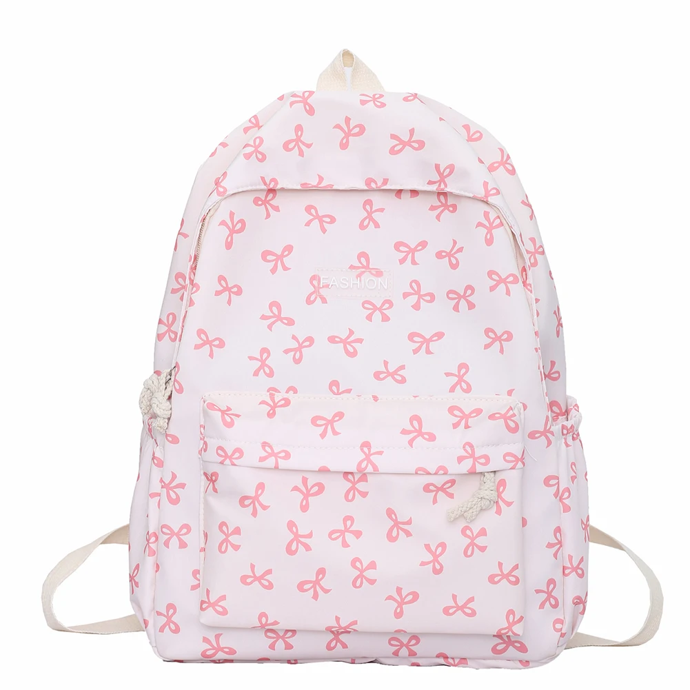 Nylon Student Backpack Bow Printed for Girls Women Schoolbag Adjustable Strap Travel Bag Cute Knapsack Rucksack