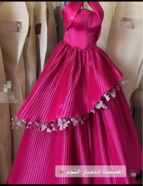 

Verngo Fuschia A Line Evening Dresses Arabic Women Satin Pleats Tiered Dubai Prom Gowns Formal Occasion Party Dress Vestido