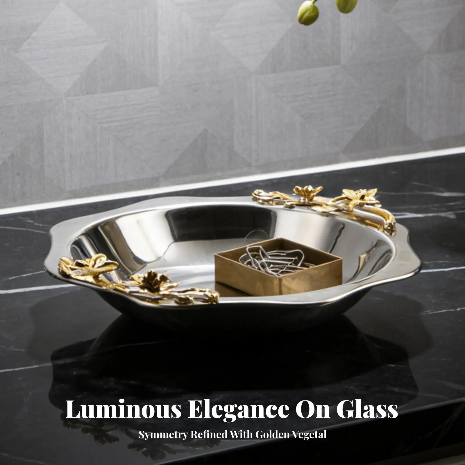 Silver Metal Decorative Tray with Gold Flower Embellishments for Kitchen Counter Fruit Bowl Display and Shelf Decor