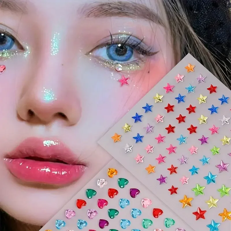 Stern- und herzförmige Edelstein-Glitzer-Gesichtsaufkleber, Strass, selbstklebendes Fake-Tattoo für Party, Bühne, Make-up, Edelsteine, Aufkleber – Detail 2