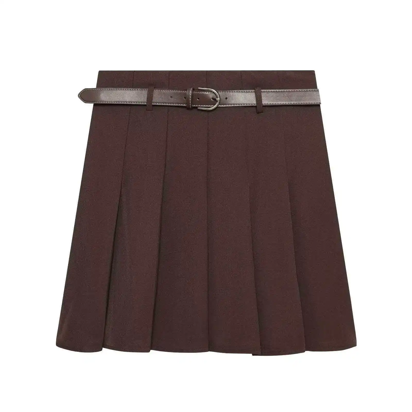 

Women's Fashion Casual Skirt Spring Summer Simple Versatile Retro Brown High-Waist Pleated Dress Slim Fit Belt A-Line Petticoat