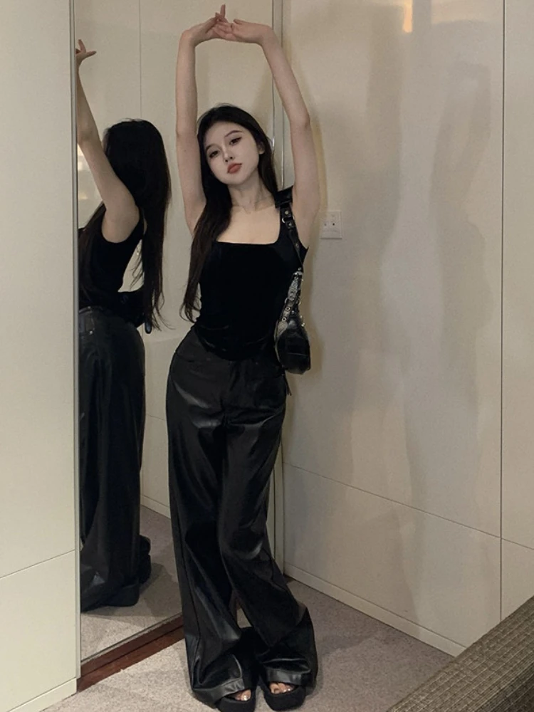 Black Korean Y2K Leather Pants Women Pockets Fashion Vintage Wide Leg Pants Female Outdoor Streetwear Chic Long Pants 2023 New