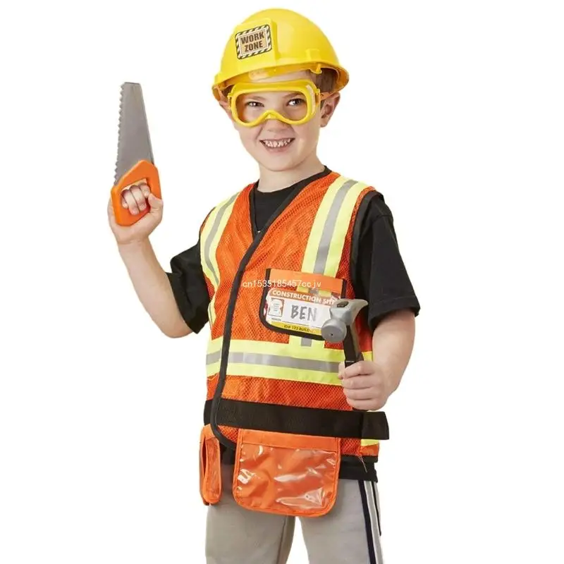 Construction Worker Costumes Kids Builder Career Outfit Vest Hat Tool Dress Up Clothes for Halloween Birthday Party Dropship