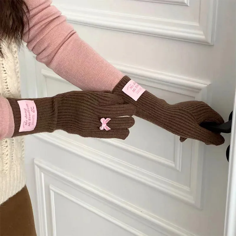 Bow Knot Woolen Knitted Gloves Cute Korean Autumn Winter Solid Color Warm Gloves Cycling Touch Screen Split Finger Women Gloves