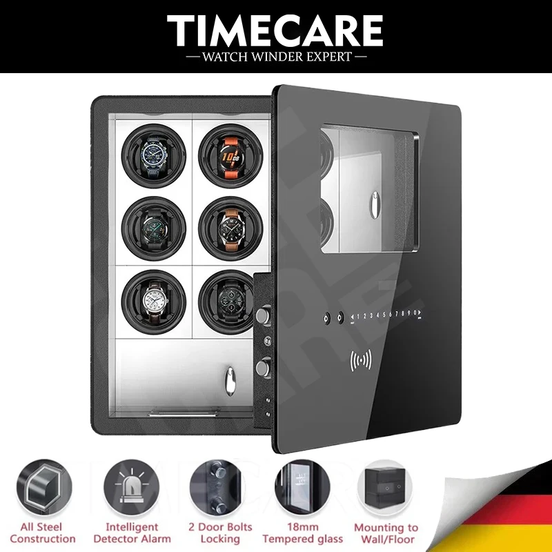 

TIMECARE 9 Watch Winder Safe Box Fingerprint Unlock Steel Open Door Leather Inside 3 Storage Drawer Led Light Anti-theft Explos