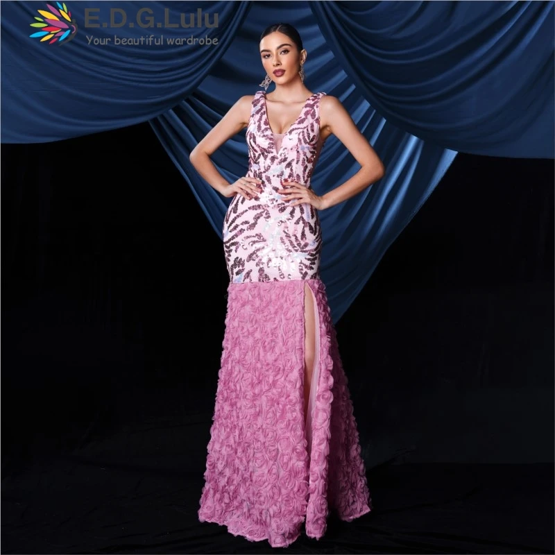 

EDGLuLu V-Neck Printed Sequin Patchwork Three-Dimensional Flowers Birthday Dresses Luxury 2024 Elegant Long Evening Dress 0714