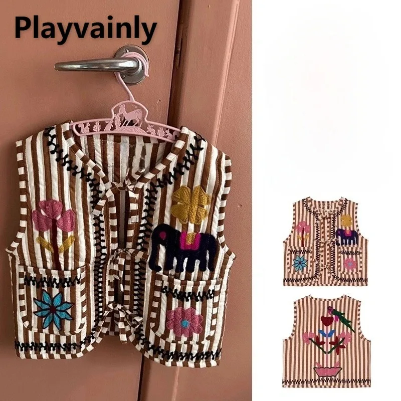 

Новинка 2023 года, осенне-зимний детский стеганый жилет для девочек с вышивкой, v-образный вырез, полосатый модный жилет с цветочным принтом, детская одежда A5370