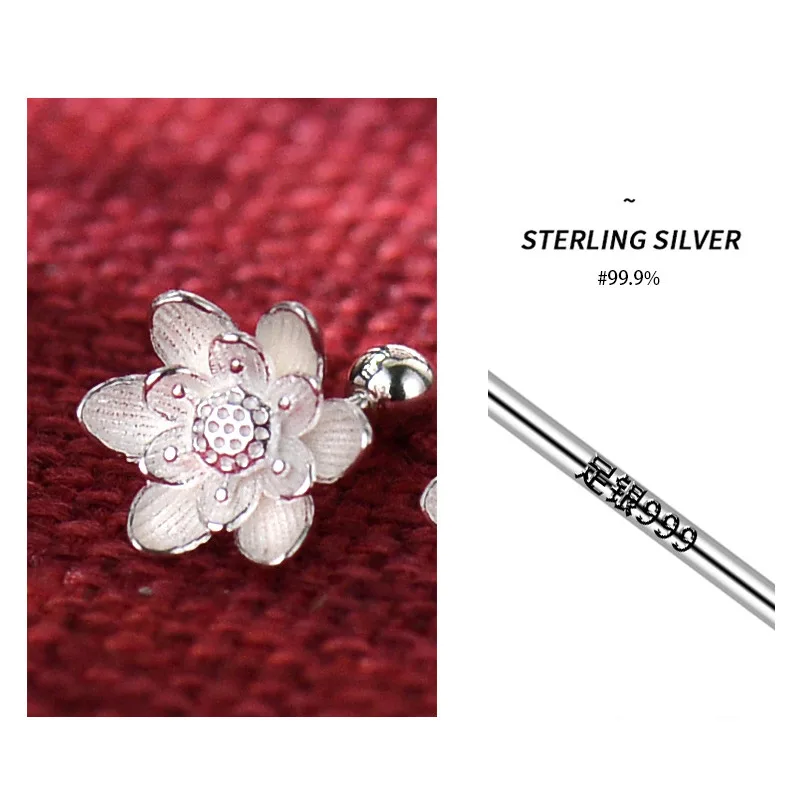 925 Sterling Silver Lotus Flower Stud Earrings for Girl Simple Plant Metal Korean Ear Bone Nail Ladies Birthday Piercing Jewelry