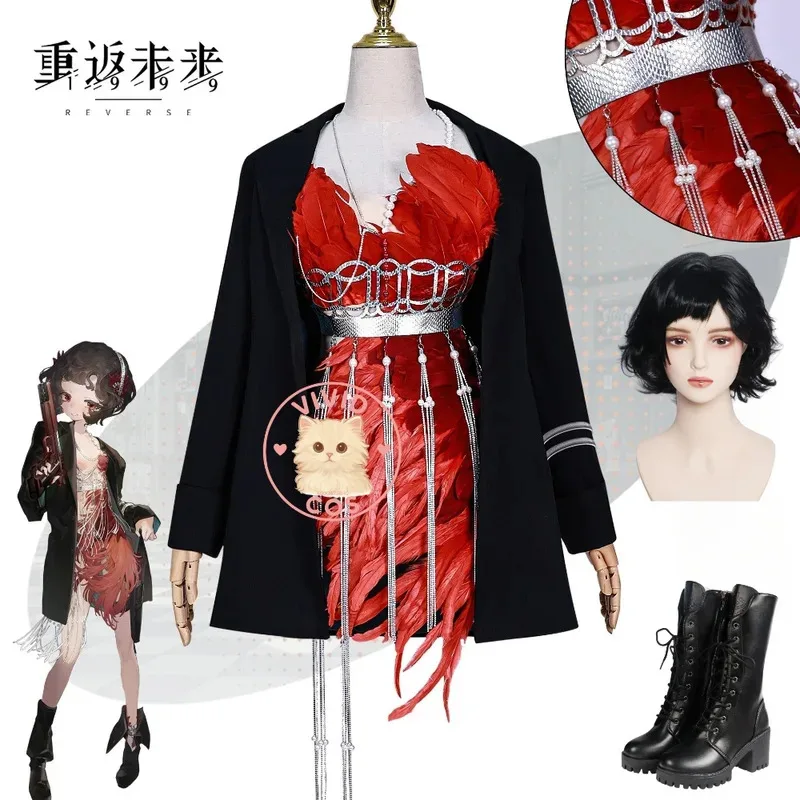 

Game Reverse: 1999 Schneider Cosplay Costume Sexy Red Dress with Feather Style for Women Halloween Party ComicCon Suit Wig Shoes