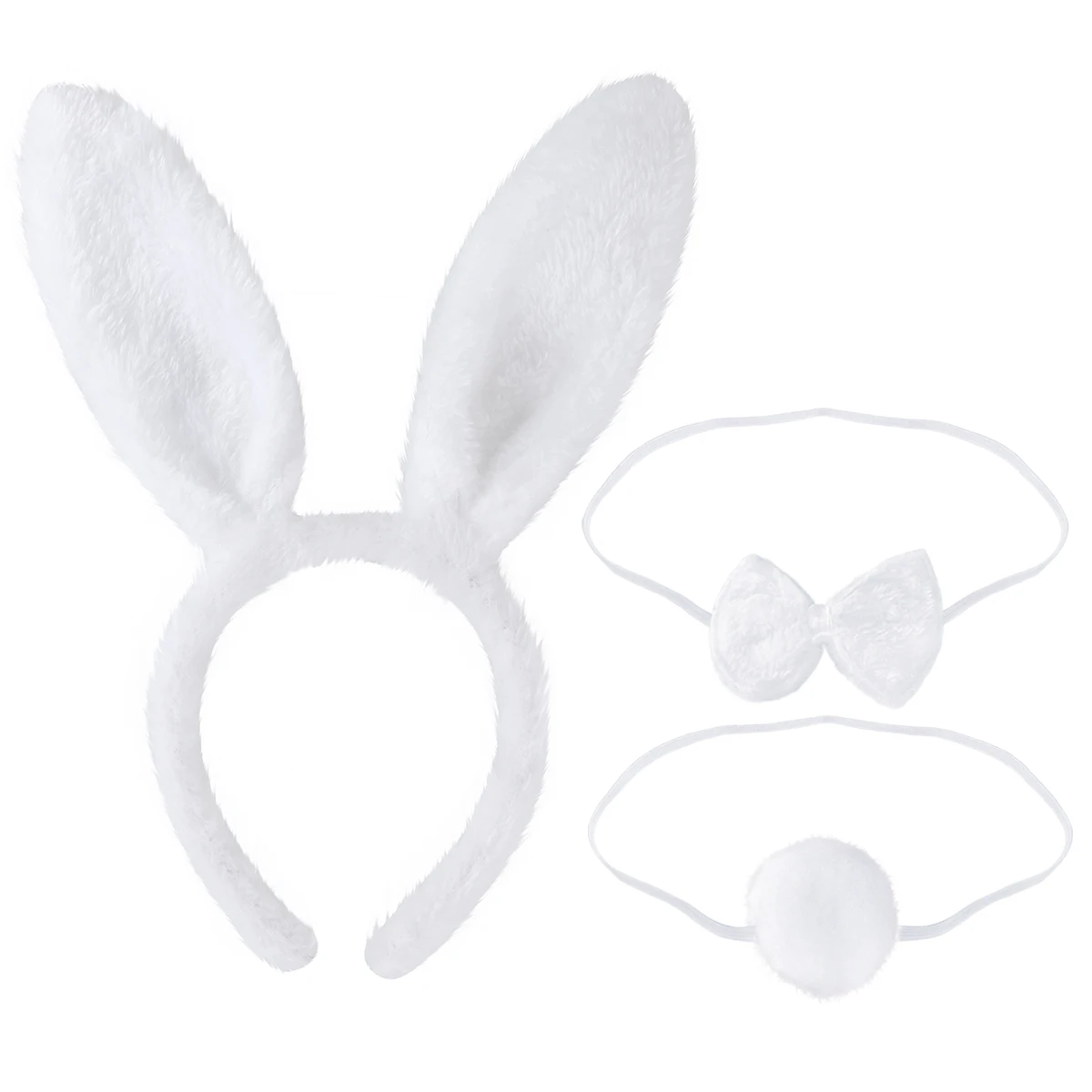 3PCS Rabbit Bunny Ears Headband White Fluffy Plush Rabbit Bow Ties Tail Set Sweet Bunny Ears Bandana Hair Hoop Rabbit Headpiece