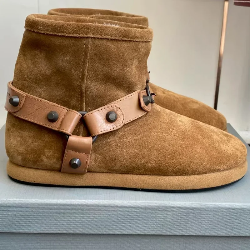 

Брендовые ботильоны с заклепками и пряжкой на ремне, зимние ботинки, женские зимние теплые хлопковые ботинки с круглым носком, удобные туфли без шнуровки на плоской подошве