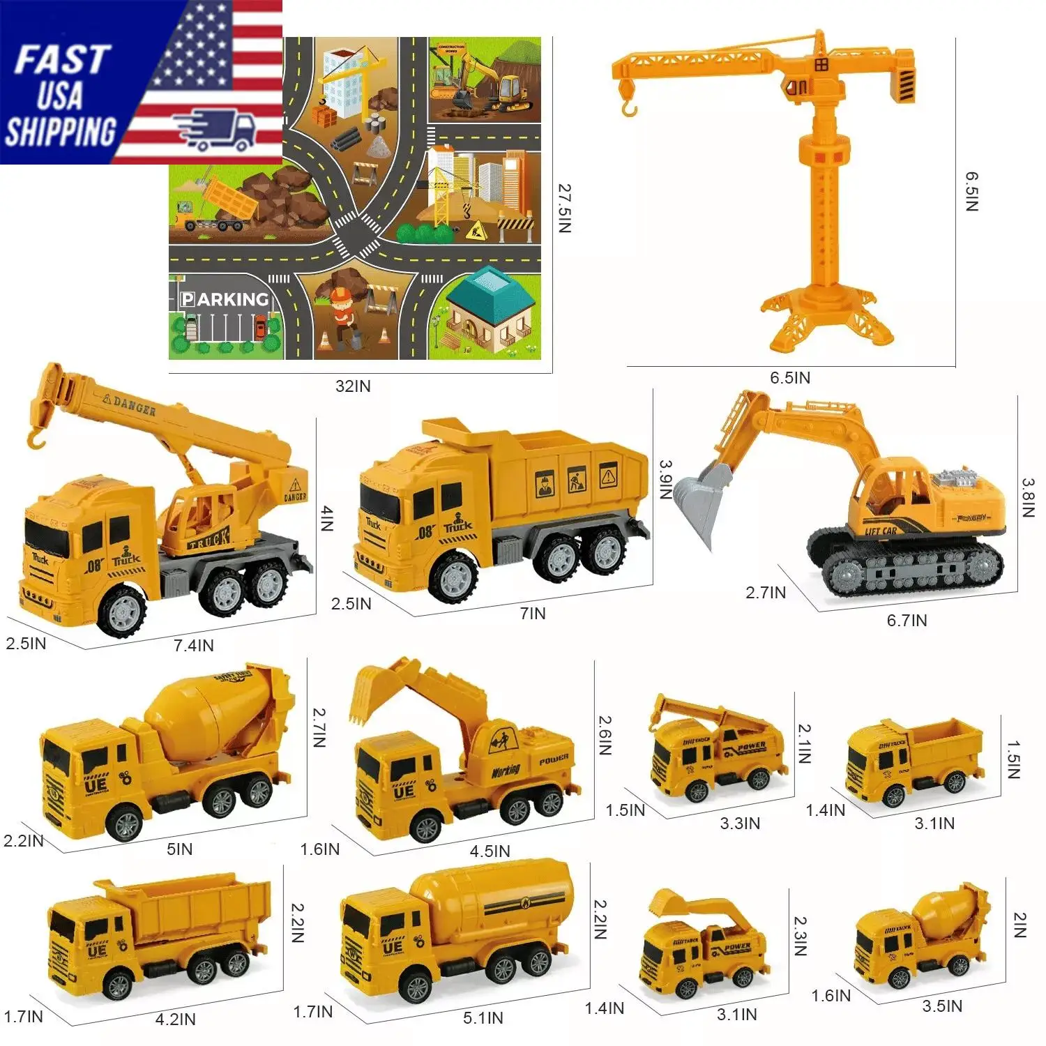 Construction Vehicle Toy Truck w/Play Mat Road Signs, Dump Trucks, Excavator, Cement Mixer Trucks, Crane, Engineering Vehicles