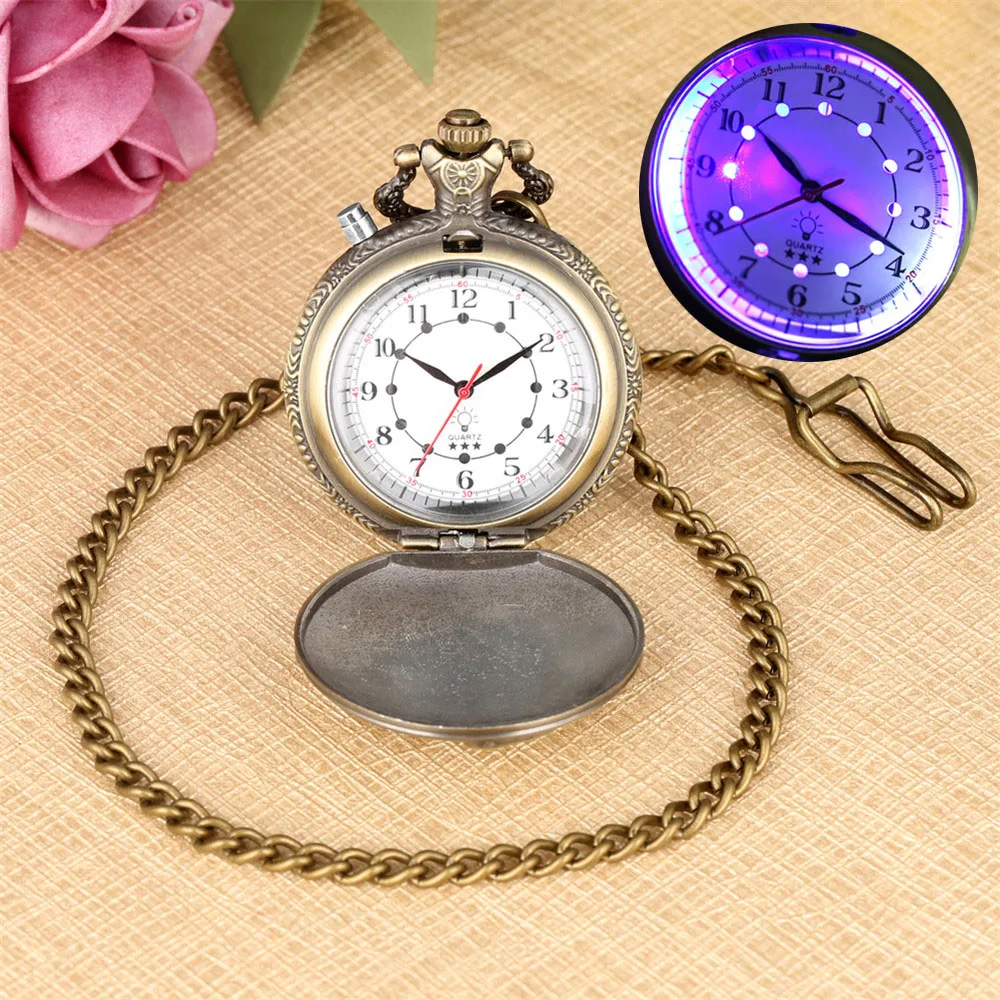 Bronze/Silver/Gold Steampunk Vintage Locomotive/Motorcycle Quartz Fob Chain Pocket Watch with LED Lights Xmas Gifts Men Kids