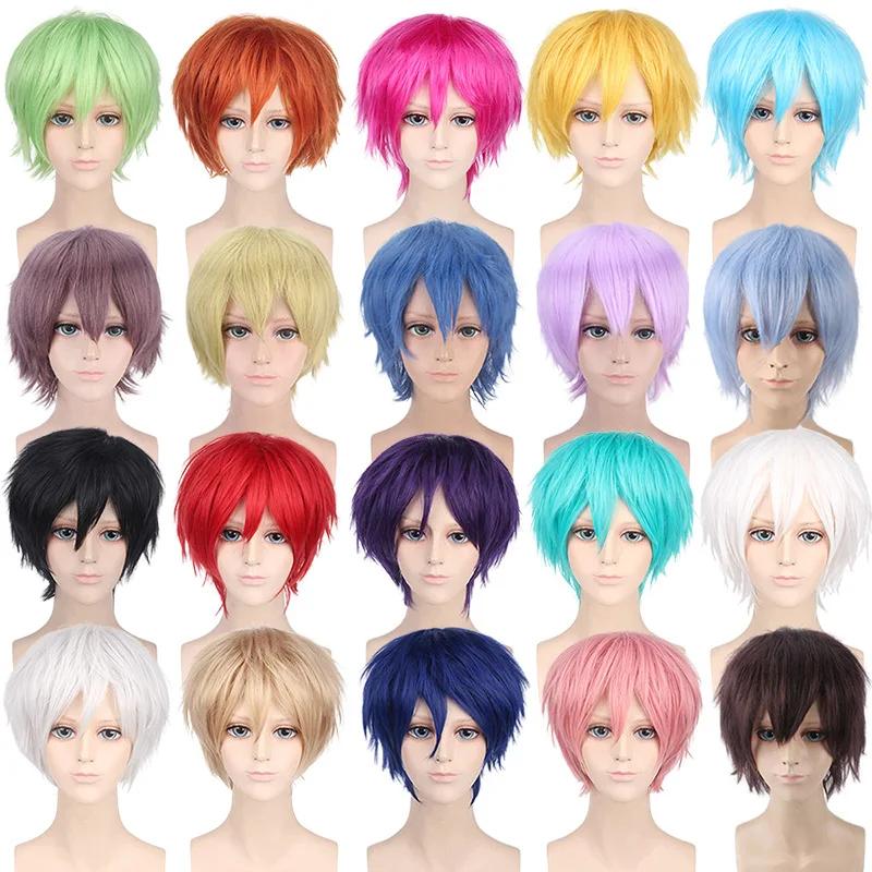 New Concubine Synthetic Bob Men's Short Straight Hair Cover Fake Cosplay Wig Ombre Green Black Blue Blonde Hairpiece