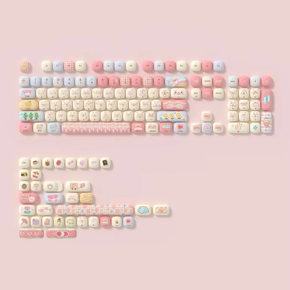 Pink Piggy Party Keycap MOG Profile Thermal Sublimation PBT Round Cute Mantou Keycaps for Mechanical Gaming Keyboard Girls Gifts