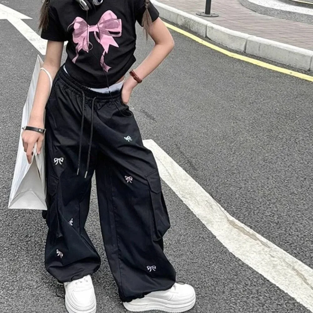 Personality Embroidered Baggy Cargo Pants Multi Pockets Drawstring Sweet Bow Pants Wide Leg Joggers Y2k Pants Girl Children
