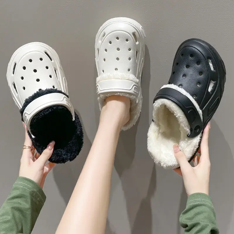 Plush slippers 2025 new winter men's and women's thick high heels soft-soled beach garden shoes home plush ripped slippers - Image 2