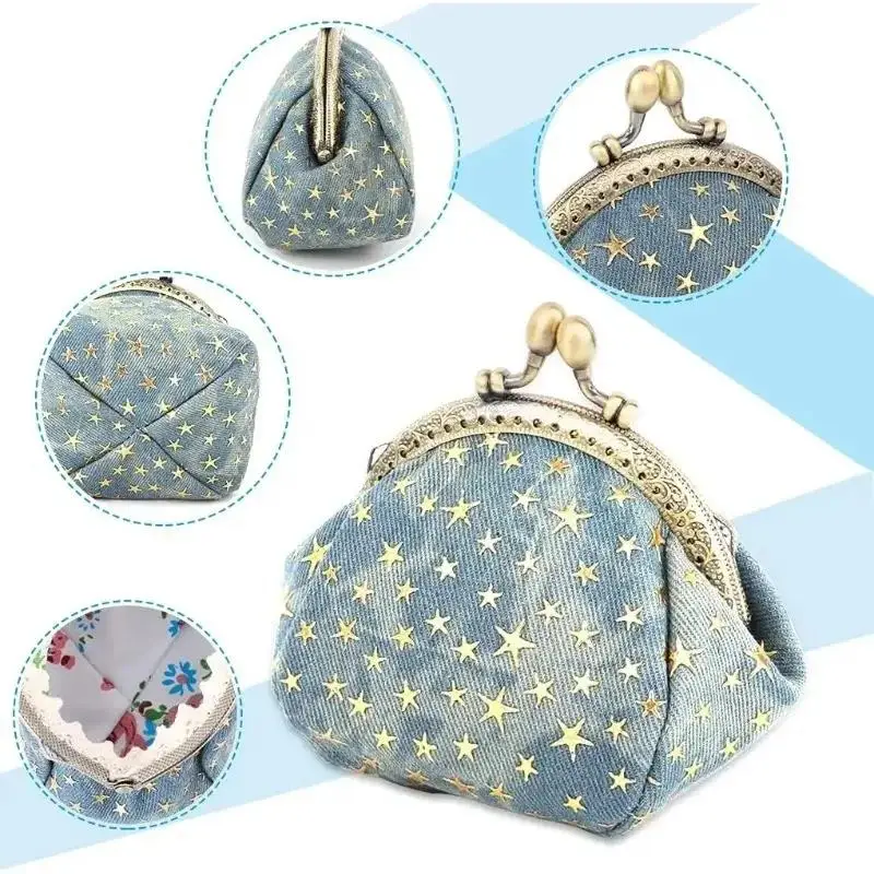 Wallet for Women Five-Pointed Star Coin Purse Denim Change Pouch Wallets Buckle with Kisslock Clasp Coin Holder Clutch Handbags