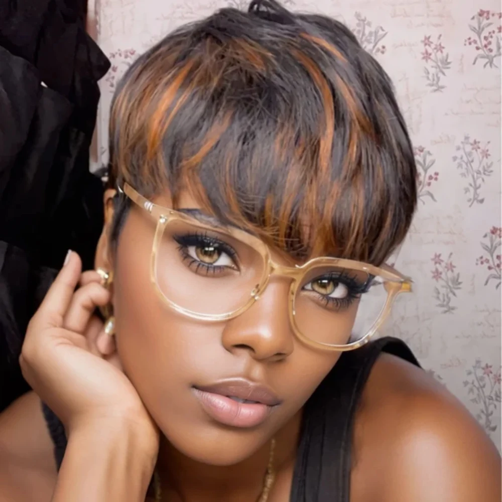 1B/30 カラーストレート人毛ウィッグピクシーカット人毛ウィッグ前髪フルマシンメイドウィッグオンブルカラーウィッグ