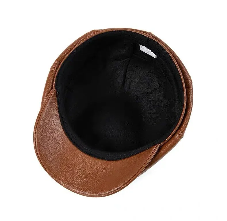 New 2024 Genuine Leather Hat Cap Cowhide Beret Warm Cotton Men Padding Brand Brown/Black Duck Hat