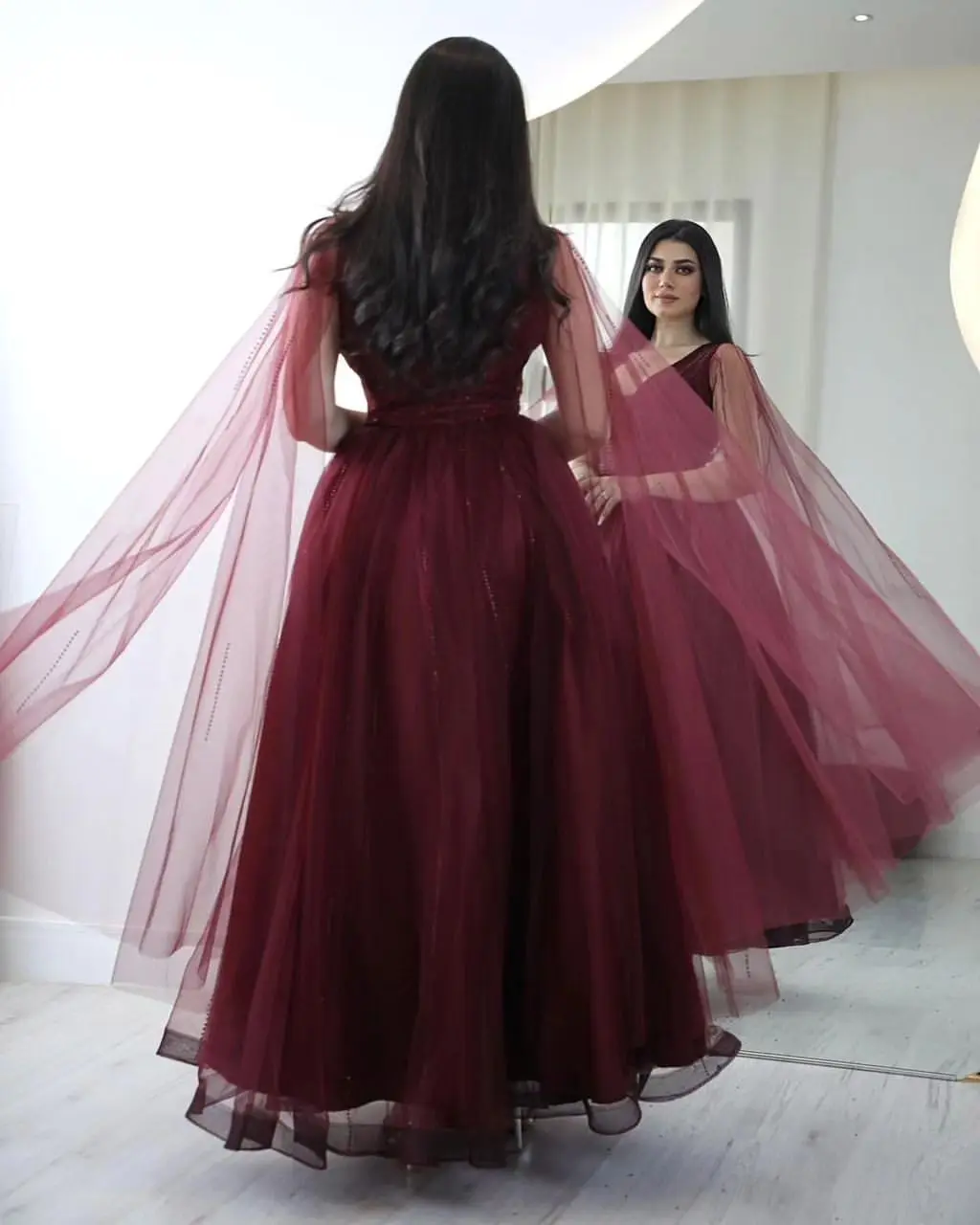 Fashionvane Perfect Hot Drill Tulle Vestidos Prom Dresses 2023 V Neck Flutter Sleeves Evening Party Gowns for Saudi Arabia Women